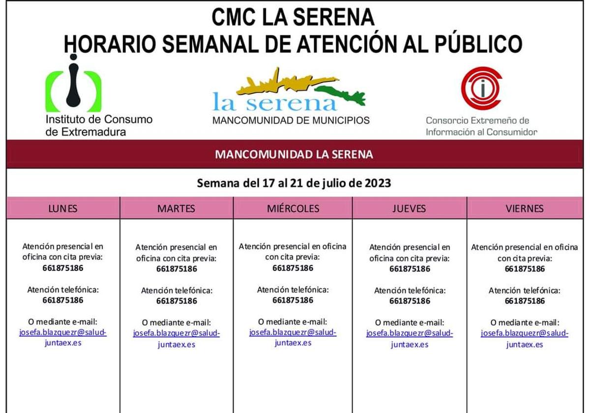Horario semanal de Atención al público de CMC La Serena