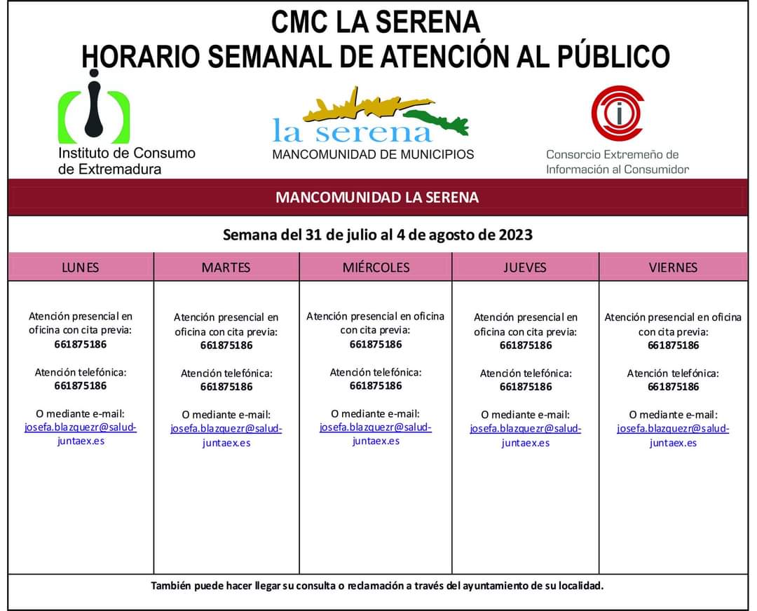 Horario semanal de Atención al público de CMC La Serena