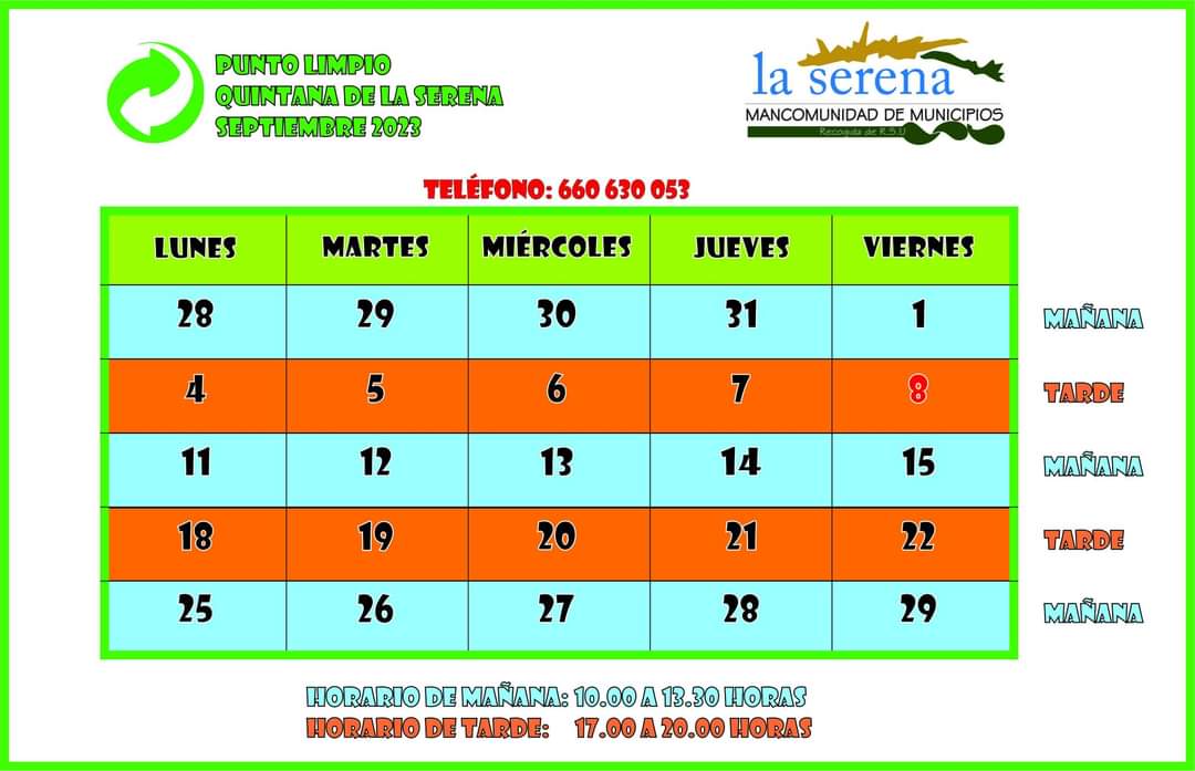 Horario del punto limpio para el mes de septiembre