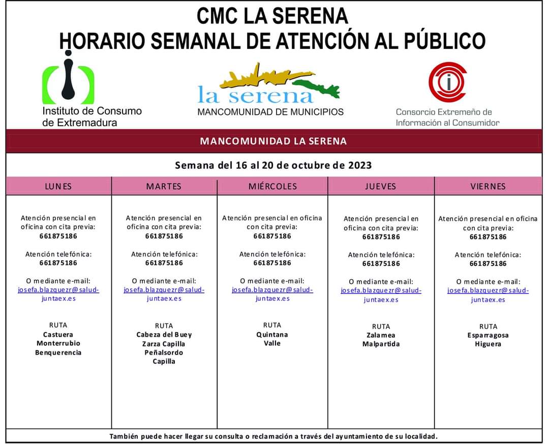 Horario semanal de Atención al público de CMC La Serena
