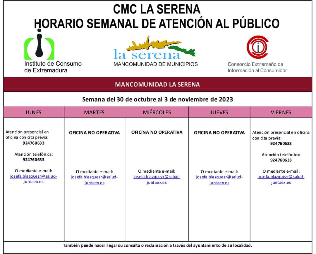 Horario semanal de Atención al público de CMC La Serena