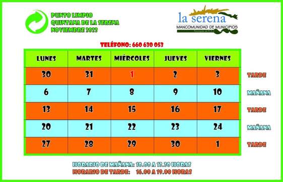 Horario del punto limpio para el mes de noviembre