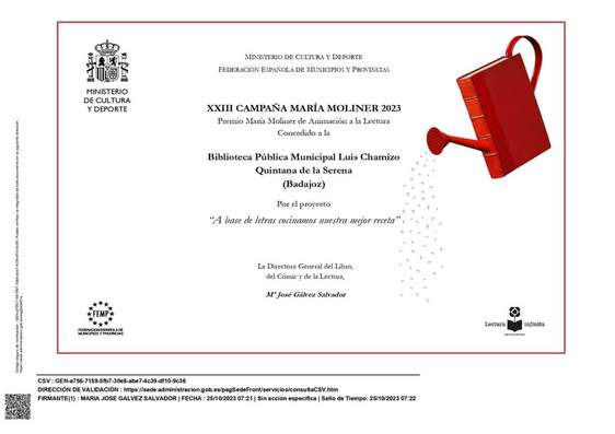 La Biblioteca Municipal galardonada por laV XXIII Campaña de Animación a la Lectura María Moliner 2023