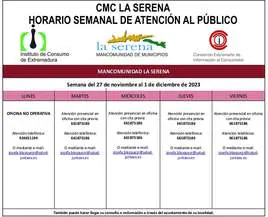 Horario semanal de Atención al público de CMC La Serena