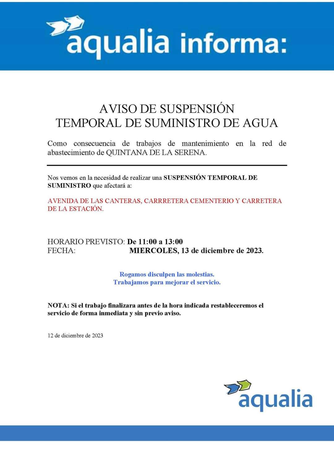 El Ayuntamiento avisa de un corte de agua