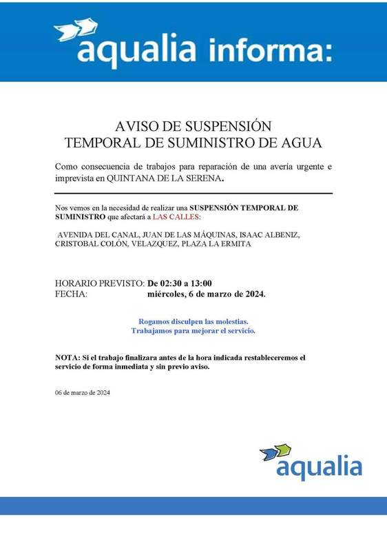 El Ayuntamiento avisa de un corte de agua