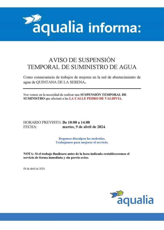 El Ayuntamiento avisa de un corte de agua