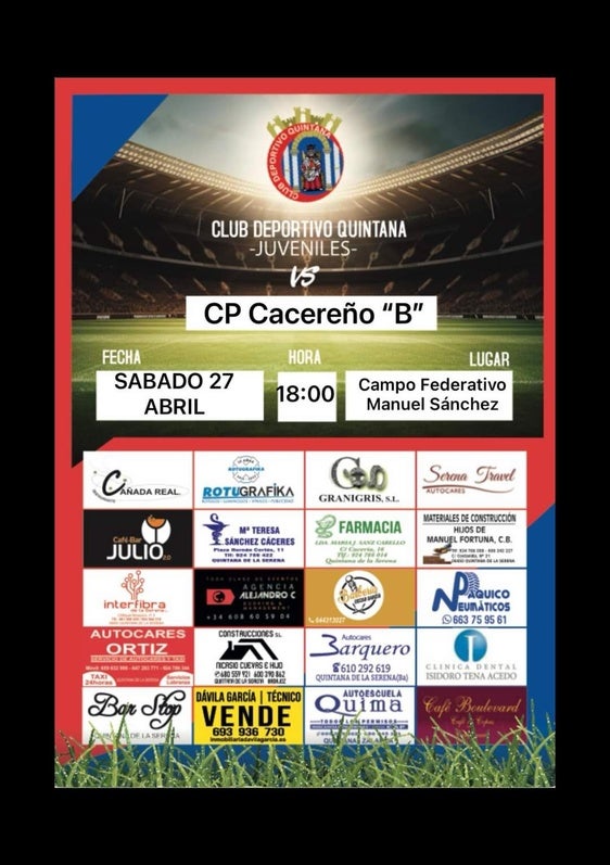 El CD Quintana Juvenil visita al CP Cacereño 'B' con el objetivo de mantener el liderato