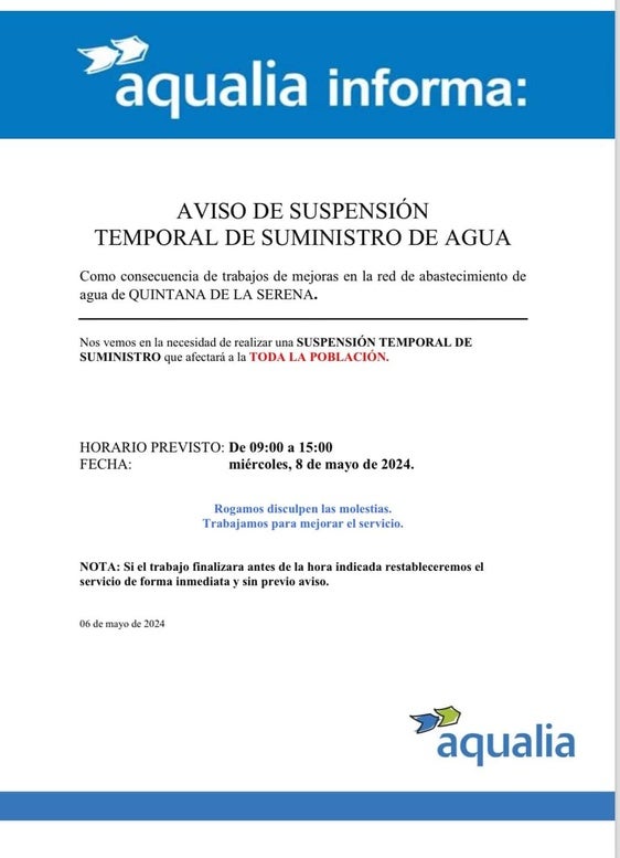 El Ayuntamiento avisa de un corte de agua