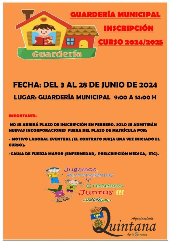 Abierto el plazo de inscripción para realizar la inscripción a la Guardería Municipal