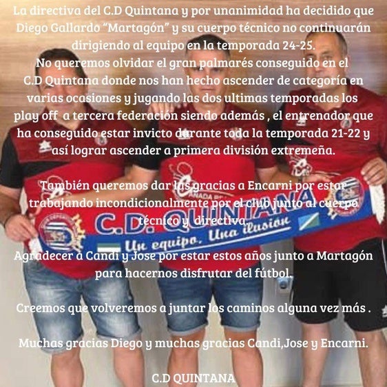 Diego Gallardo deja de ser el dueño del banquillo del CD Quintana