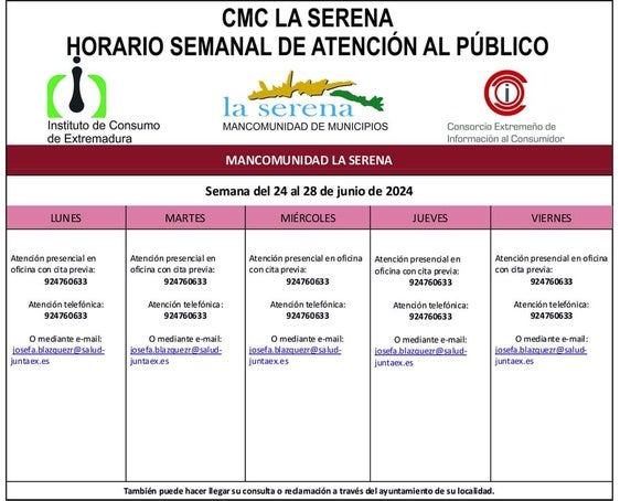 Horario semanal de Atención al público de CMC La Serena