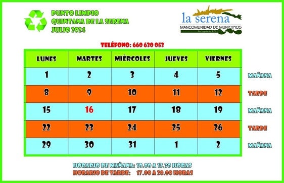 Horario del punto limpio para el mes de julio