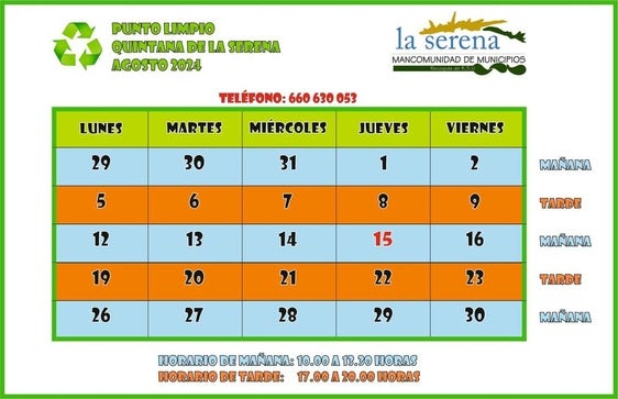 Horario del punto limpio para el mes de agosto