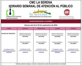 Horario semanal de Atención al público de CMC La Serena
