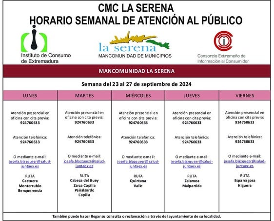 Horario semanal de Atención al público de CMC La Serena