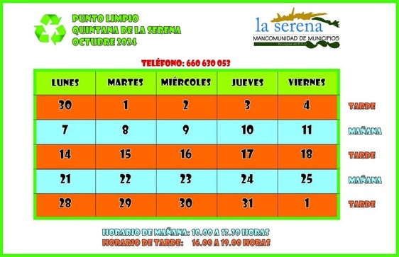 Horario del punto limpio para el mes de octubre