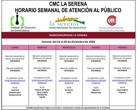 Horario semanal de Atención al público de CMC La Serena