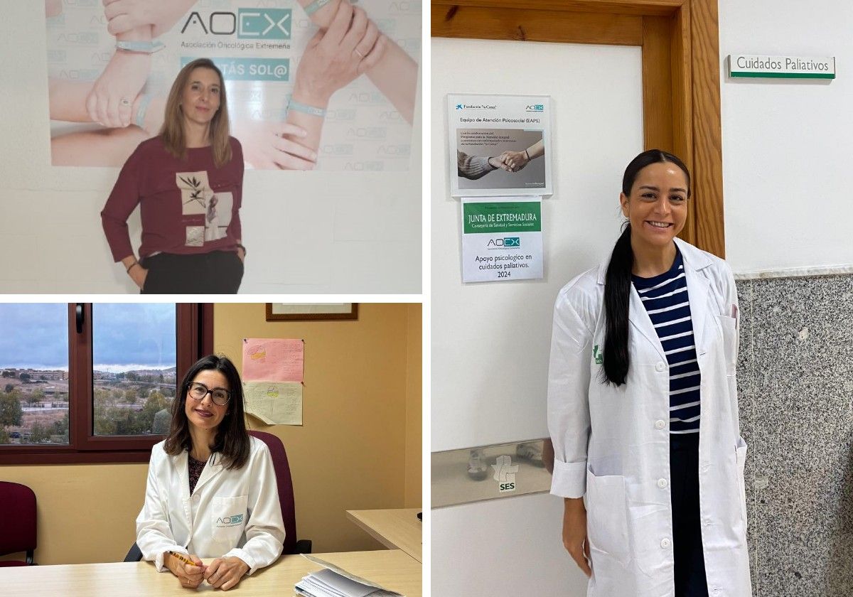 Raquel Cano, técnica y coordinadora de trabajo social de Aoex; Jessica González, trabajadora social del área de área de Don Benito-Villanueva y Mérida; y Gloria Cabanillas, trabajadora social que cubre las áreas de áreas de Badajoz, Llerena y Zafra.