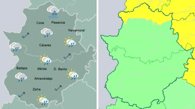 Mapa de lluvia para el miércoles y jueves y, a la derecha, avisos de rachas de viento para el jueves