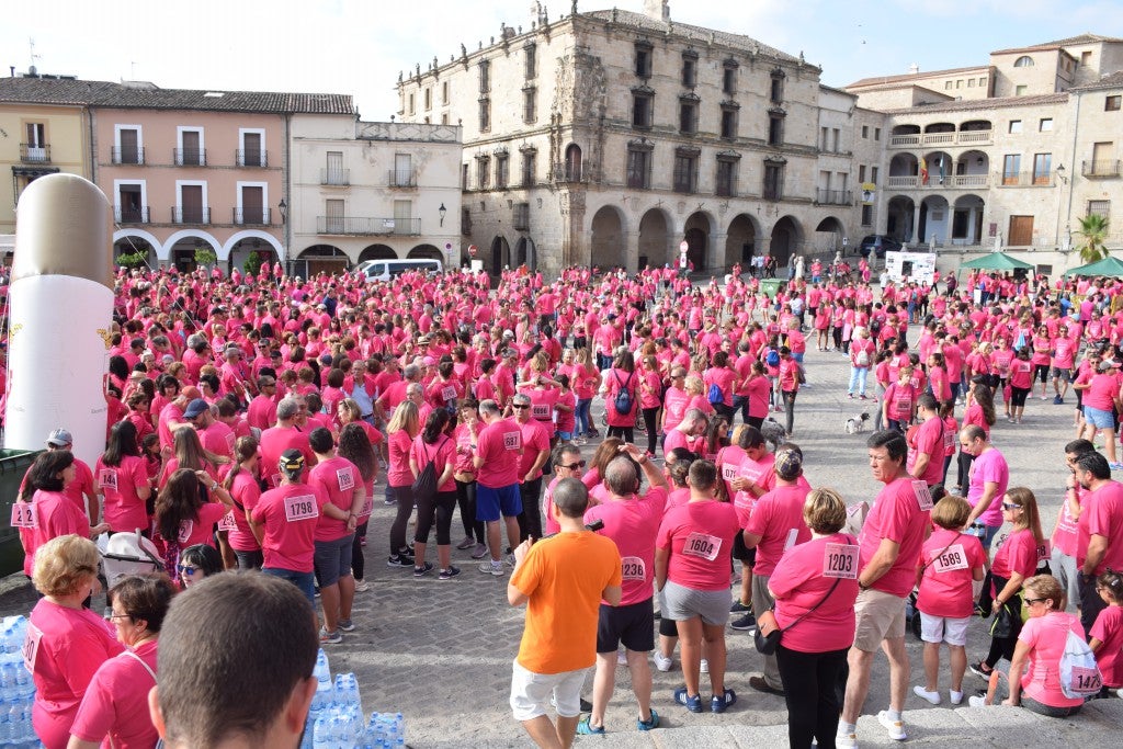 Las calles de la ciudad se tiñeron de rosa, con la celebración ayer de la multitudinaria VIII Marcha Contra el Cáncer. Reunió no solo a vecinos de Trujillo, sino también de diferentes poblaciones de la comarca e incluso, de otras zonas de Extremadura. Al final, se vendieron 3.132 dorsales, una cifra muy parecida a la del año pasado, a un precio de 5 euros. Junto a esos dorsales, se entregaron las camisetas rosas identificativas.