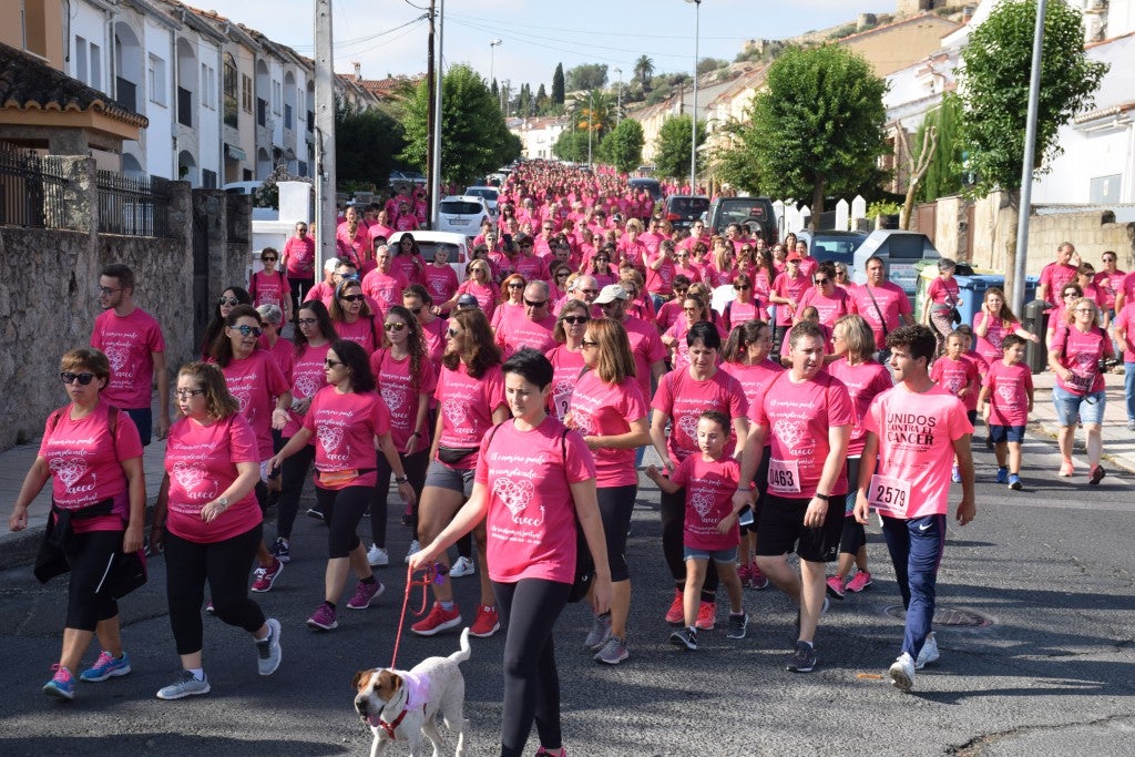 Las calles de la ciudad se tiñeron de rosa, con la celebración ayer de la multitudinaria VIII Marcha Contra el Cáncer. Reunió no solo a vecinos de Trujillo, sino también de diferentes poblaciones de la comarca e incluso, de otras zonas de Extremadura. Al final, se vendieron 3.132 dorsales, una cifra muy parecida a la del año pasado, a un precio de 5 euros. Junto a esos dorsales, se entregaron las camisetas rosas identificativas.