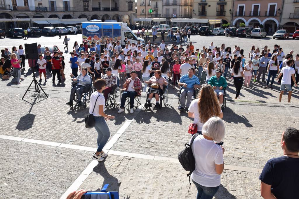 El centro de Trujillo de Aspace Cáceres no ha querido pasar por alto el Día Mundial de la Parálisis Cerebral, que se conmemora el 6 de octubre. Por ello, llevó a cabo ayer una actividad lúdica, reivindicativa y de sensibilización en la plaza Mayor, englobada en la campaña 'Dale la vuela', de la Confederación Aspace