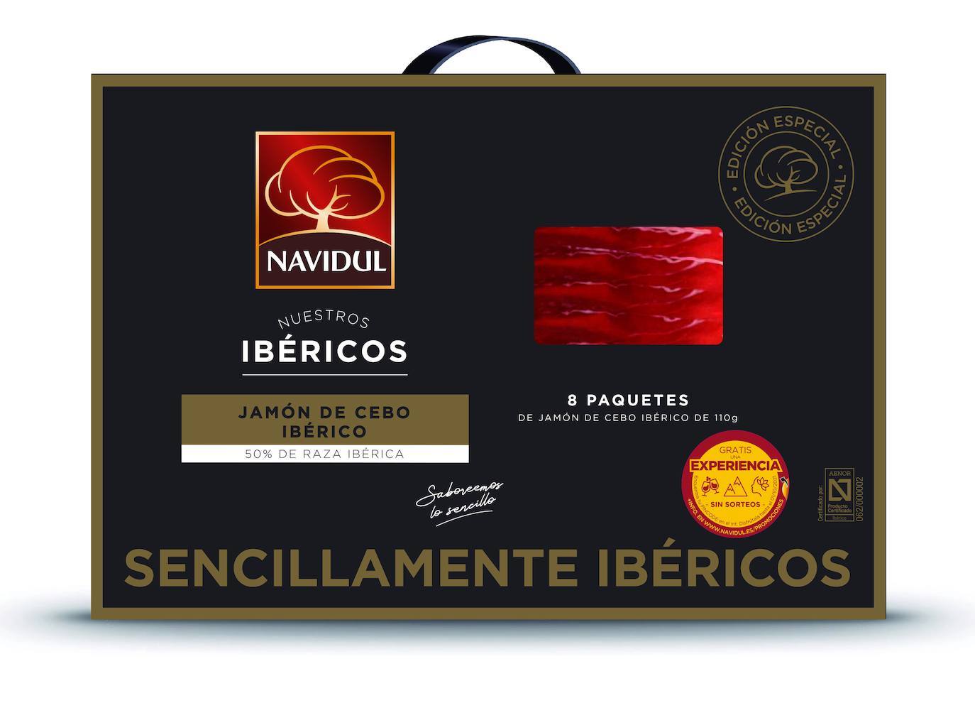 Estuche de jamón de cebo ibérico que contiene lochas envasadas al vacío listas para servir 