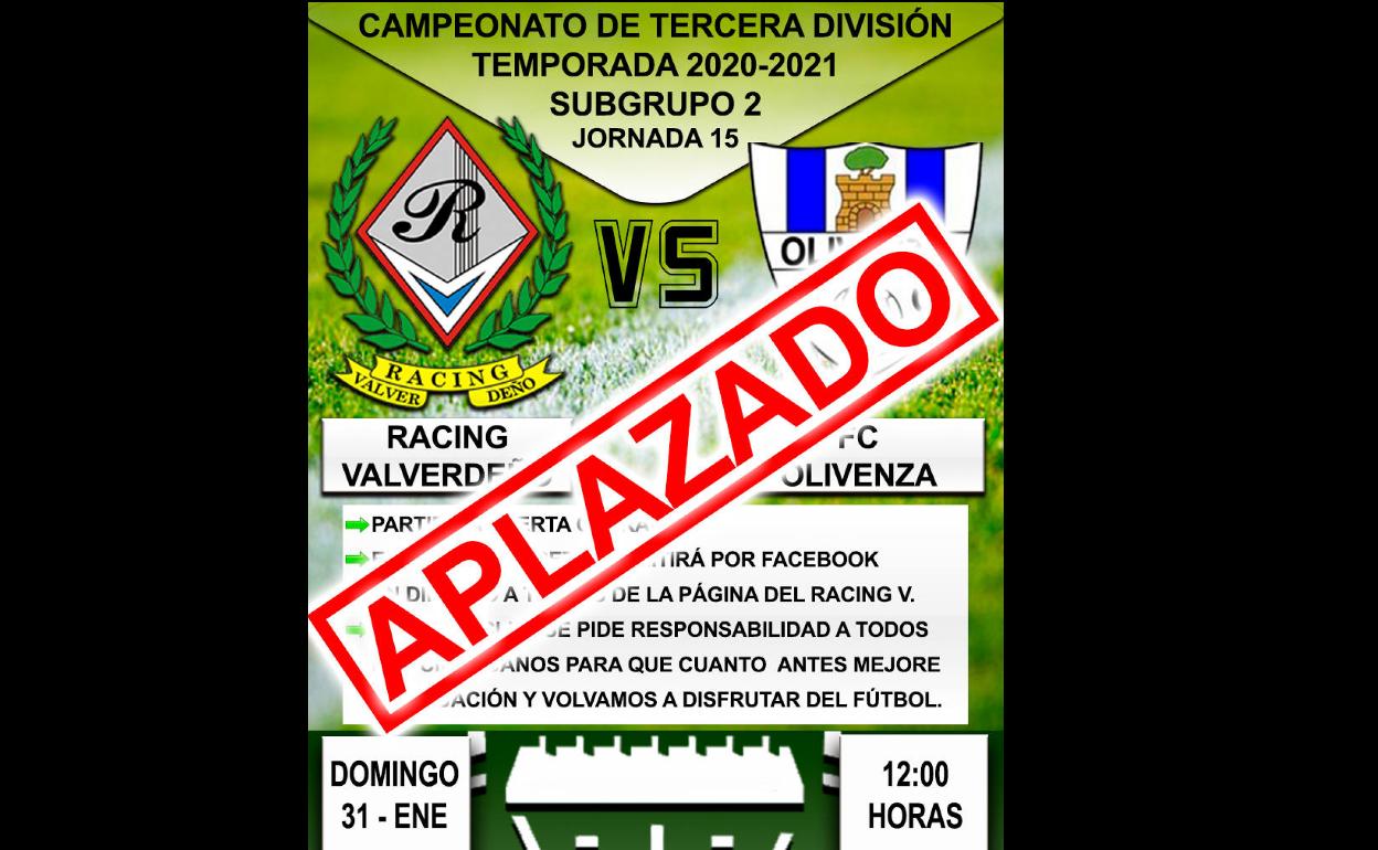 Suspendido el Racing Valverdeño – Olivenza del domingo