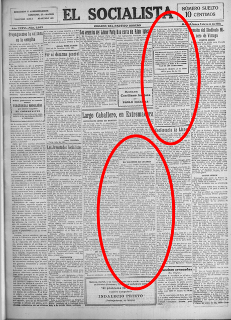 Imagen - Publicación del periódico 'El Socialista' del día 4 de julio de 1921