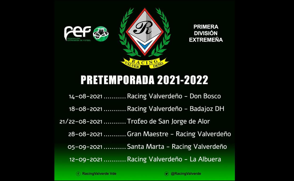 Ya se conocen los encuentros de pretemporada que disputará el Racing Valverdeño
