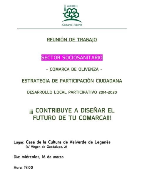 Hoy a las 19.00 horas, convocatoria del grupo de trabajo “Socio-sanitario” de la Estrategia de Participación Ciudadana ADERCO
