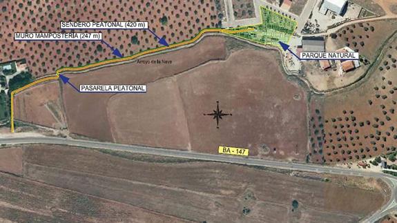 La línea amarilla marca el tramo del arroyo que se acondicionará y la verde el parque natural