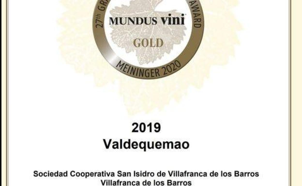 El Valdequemao Tinto Roble 2019 de la Cooperativa San Isidro obtiene medalla de oro en el Gran Premio Internacional MUNDUS VINI