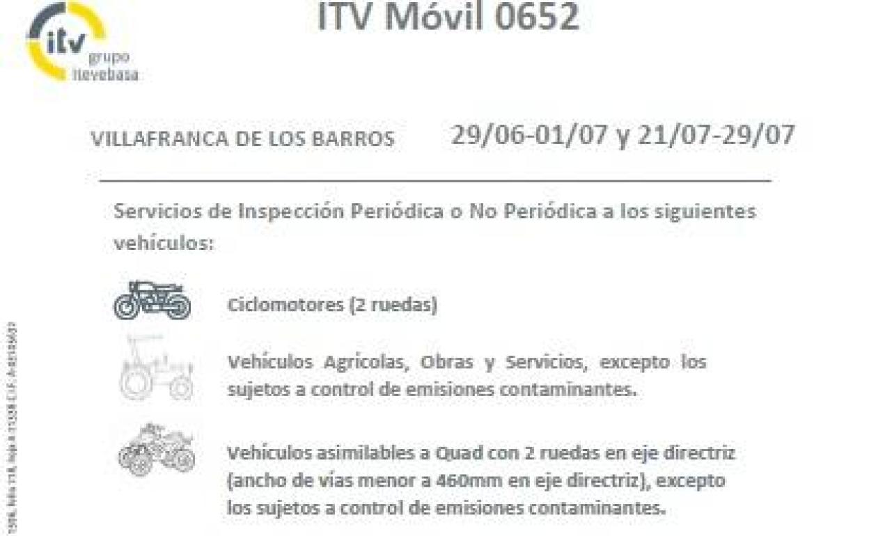 Una estación móvil de la ITV volverá a Villafranca los próximos 29 de junio, 1, 21 y 29 de julio
