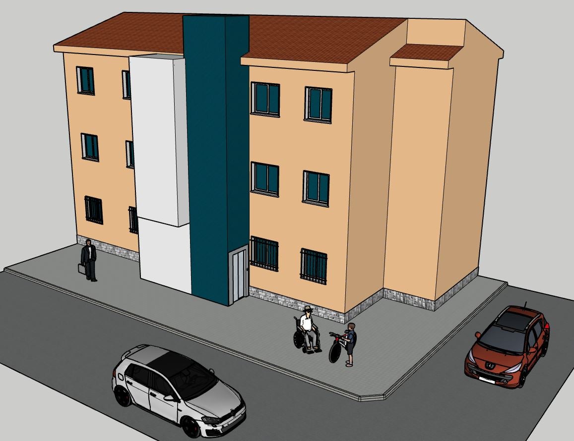 Dibujo de la instalación del ascensor externo en uno de los bloques. 