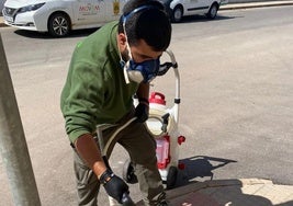 Un operario aplica el producto en las alcantarillas.
