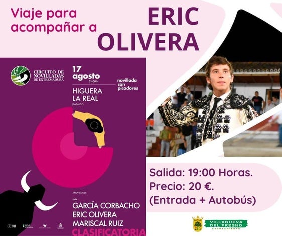 El Ayuntamiento fleta un autobús para acompañar al novillero Eric Olivera en el Circuito de Novilladas