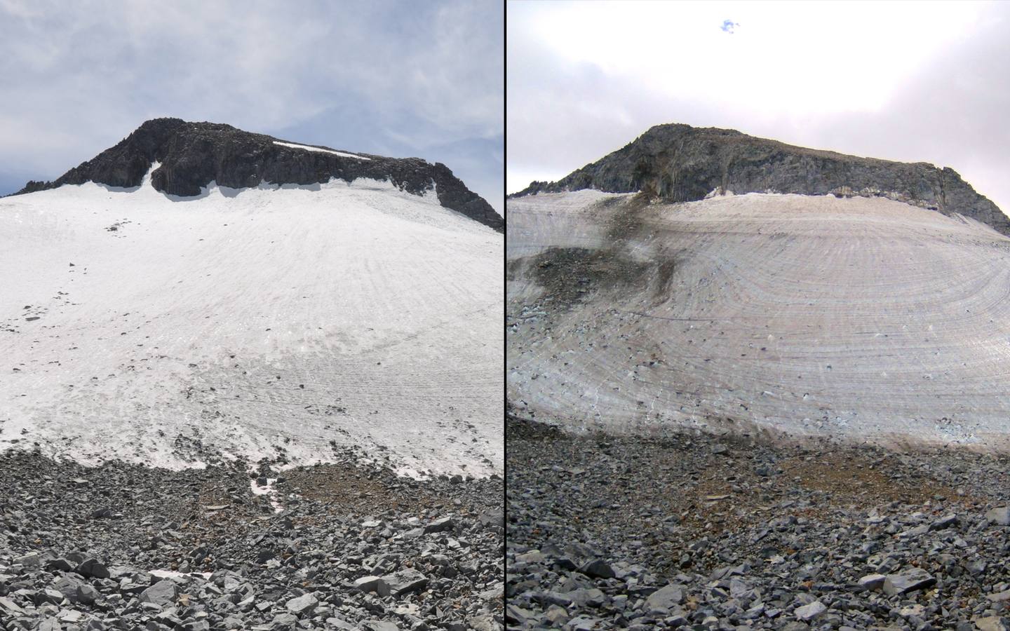 El glaciar Lyell en el parque de Yosemite en EE.UU en 2009 y en 2015