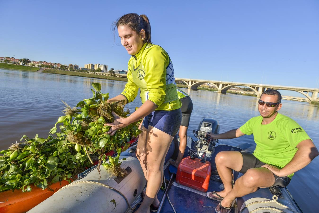 El Club de Piragüismo de Badajoz quita camalote del Guadiana