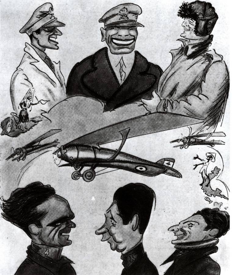 Los tres pilotos y los tres mecánicos del Vuelo Madrid-Manila, retratados en caricaturas de Fresno.