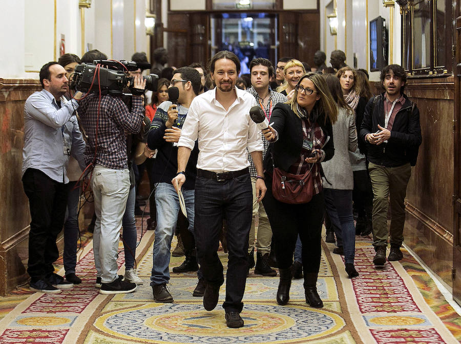 El líder de Podemos, Pablo Iglesias, a su llegada a la segunda jornada de investidura del candidato socialista en el Congreso de los Diputados.