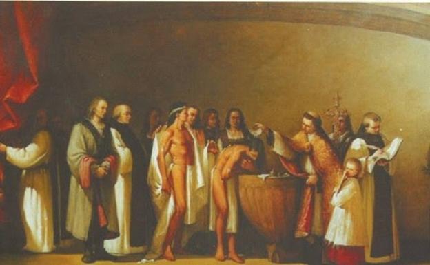 Imagen principal - Arriba, cuadro del bautizo de los dos indios que trajo Colón a Guadalupe, obra de Juan Manuel Núñez Báñez. A la izquierda, Antonio Dávila, presidente de la Asociación Amigos del Camino Real de Guadalupe; y a la derecha, 'La Guadalupense', que acredita la peregrinación a Guadalupe