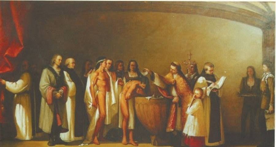 2-Cuadro del bautizo de los dos indios que trajo Colón a Guadalupe, obra de Juan Manuel Núñez Báñez
