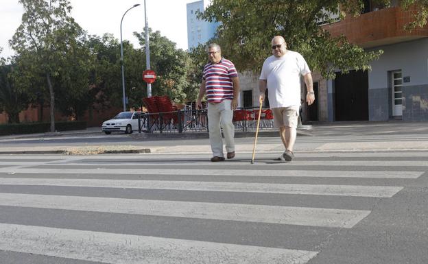 José Antonio Ayuso (derecha), presidente de Llopis-Espíritu Santo, cruza con otro compañero por el paso del último atropello. :: a. méndez