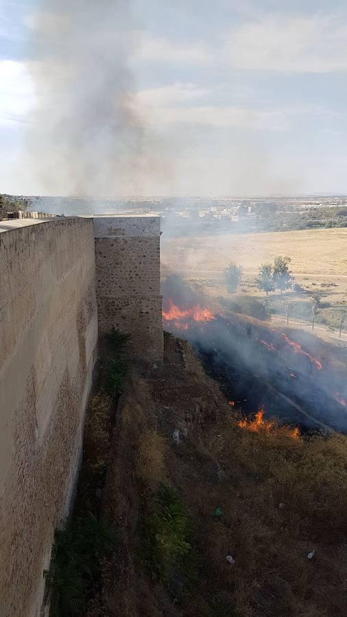 Las llamas del fuego han alcanzado la barbacana de La Alcazaba pacense este viernes 25 de agosto. Es el segundo incendio en este monumento en una semana.