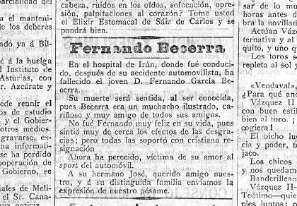 Recorte de la Correspondencia de España, del 10/11/1911, en el que aparece reflejada la muerte del cacereño Fernando García Becerra.