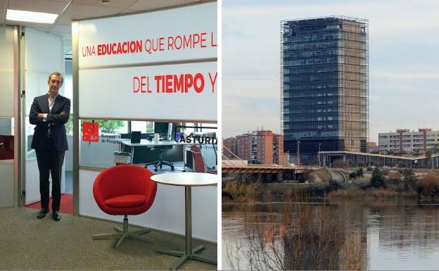 A la izquierda, Carlos Pérez de la Universidad Abierta y, a la derecha, la Torre de Ibercaja en el que se ubicarán las universidades