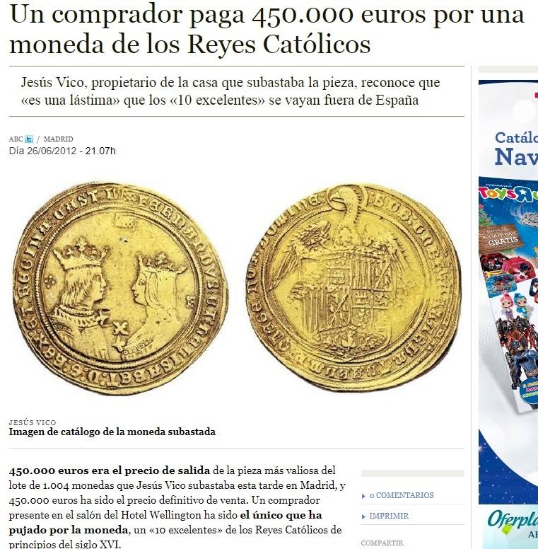 17- La noticia de la moneda de los Reyes Católicos subastada por 450.000 euros