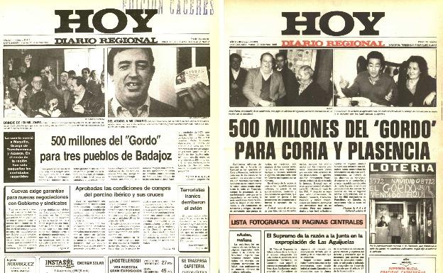 Portadas de los días en los que tocó el Gordo en Extremadura en 1988 y 1986. 